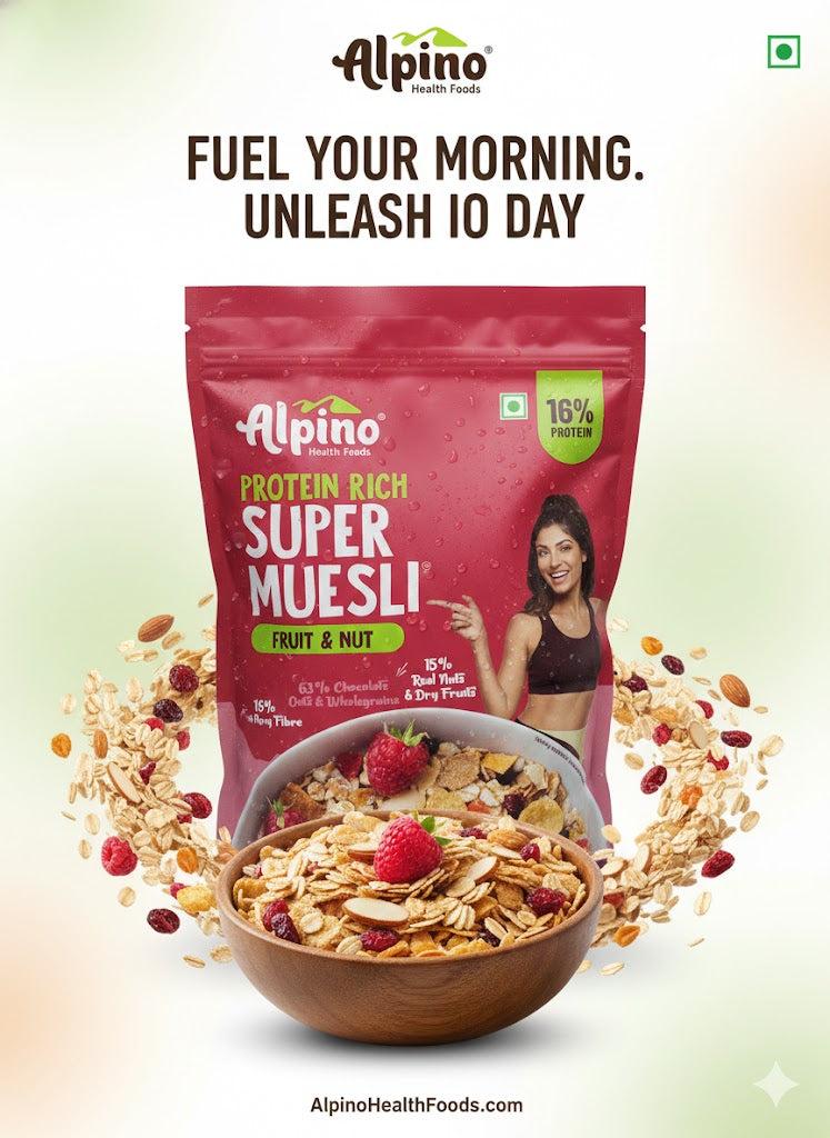 Alpino Health Foods Protein Rich Super Muesli – Fruit & Nut (750g) | 16% Protein & 15% Real Nuts