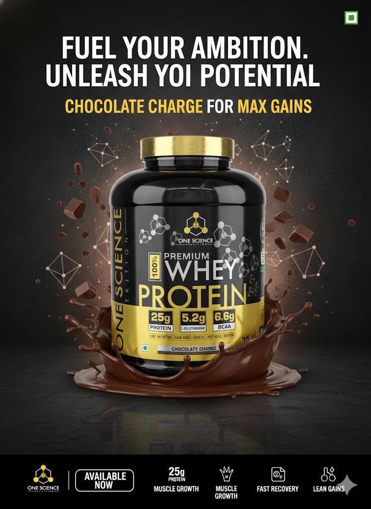 One Science Nutrition 100% Premium Whey Protein – 25g Protein, 6.6g BCAA | Fast Absorption & Muscle Recovery | Chocolate Charge (2.27kg / 70 Servings)