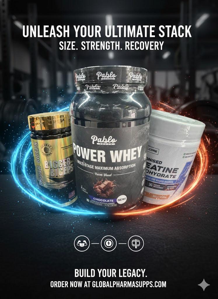 Ultimate Muscle Build & Power Combo: Pablo Power Whey, Wellcore Micronised Creatine, and Global Pharma Bigger Biceps (Chocolate)