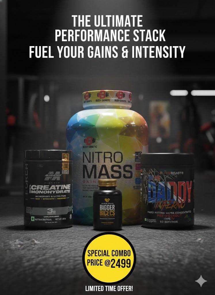 Ultimate Mass & Power Stack: Nitro Mass + Big Daddy Inferno + MuscleTech Creatine + Bigger Biceps (zombie juice)